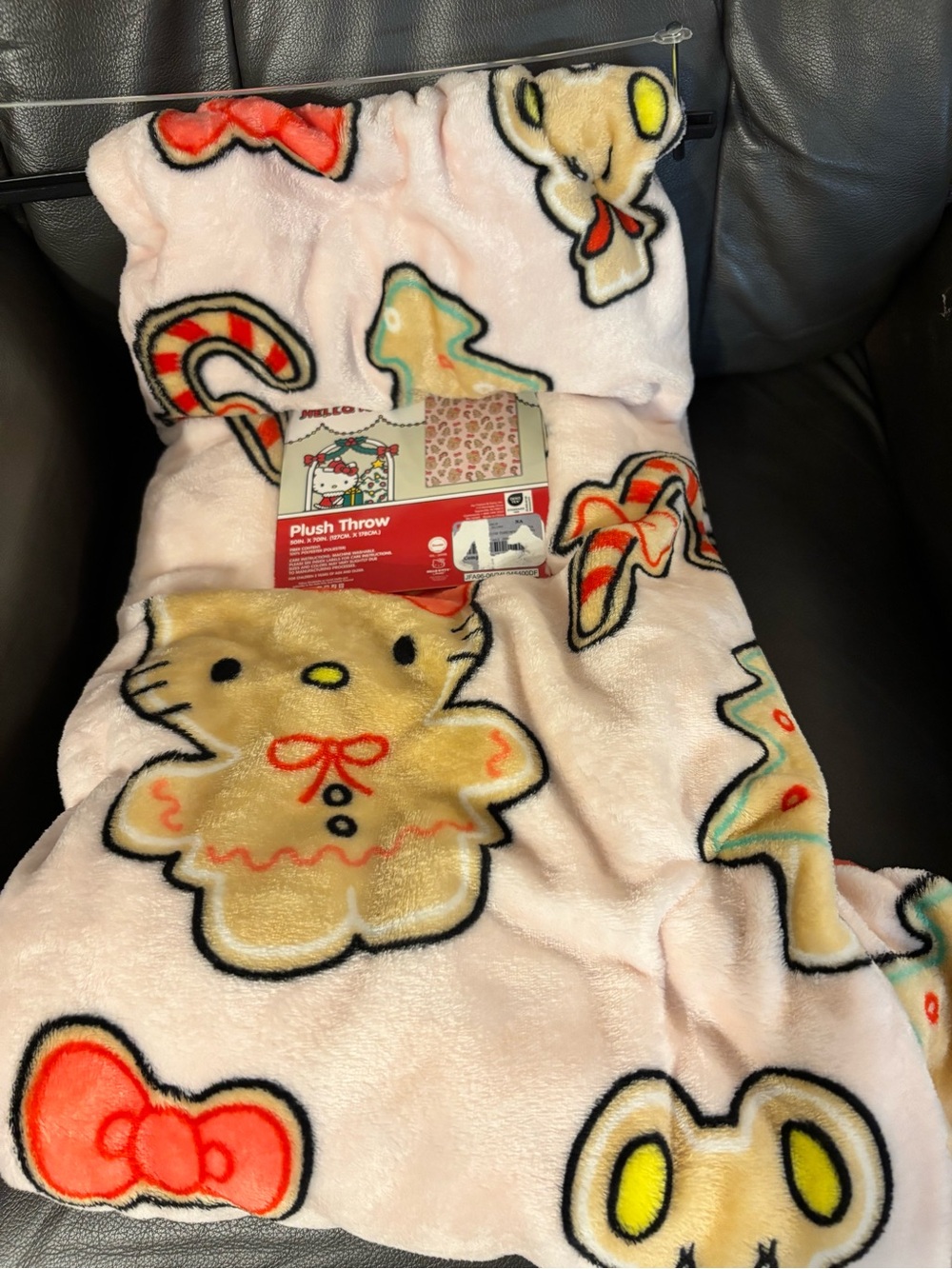Hello Kitty Plush Throw Blanket - Pink with Candycane & Gingerbread Motifs